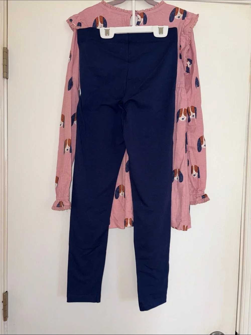 Mini Boden dog tunic dress navy blue leggings, girls 11 12